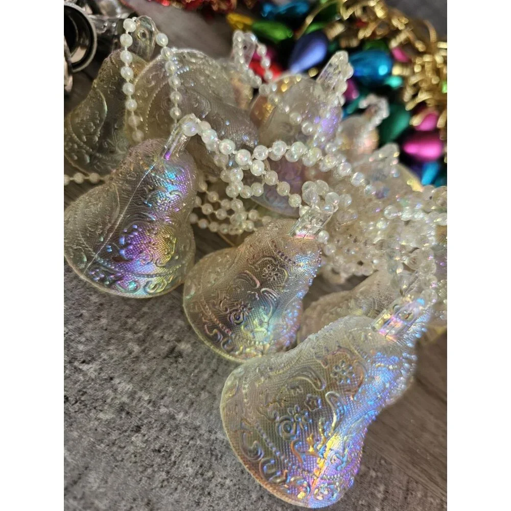 Vtg Garland Mixed Lot Iridescent Bells Silver Holiday Lights Christmas G21